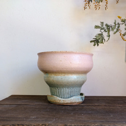 陶器の植木鉢　「ピンク」＋「ミントグリーン」　受け皿付　PARTー２　4号サイズ 2枚目の画像