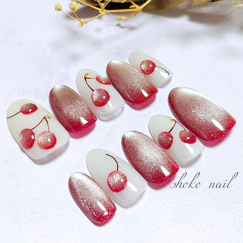 ぷっくりさくらんぼ マグネット キラキラ ネイルチップ ネイルチップ  