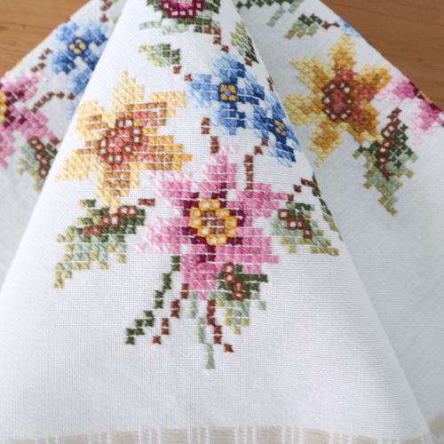 花柄手刺繍 テーブルクロス　ヴィンテージ　ハンドメイド　レースクロス a9c4930038f7519123127e298b2888