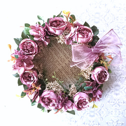 『Ｌサイズ』モーヴピンクの薔薇と紫陽花のアンティークでエレガントなリース・アーティシャルフラワー 2枚目の画像