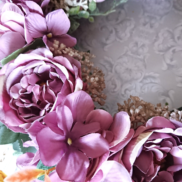 ＊母の日ギフト＊『Ｌサイズ』モーヴピンクの薔薇と紫陽花のアンティークでエレガントなリース・アーティシャルフラワー 3枚目の画像