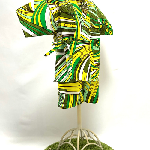 甚平キッズ／アフリカンプリント／緑黄ストライプ／上下セット