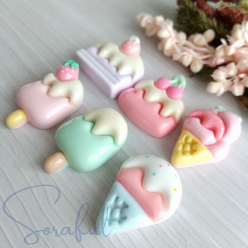 6個】ぷっくりスイーツ パステルカラー かわいいパーツセット