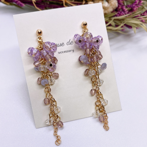 藤の花 ビーズ パープル 揺れる耳飾り お花のアクセサリー ピアス