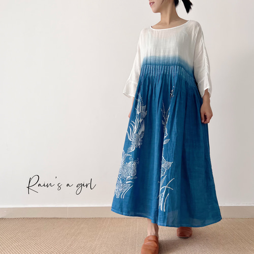藍染め☆ろうけつ染技法】7分袖ワンピース│100%リネ│グラデーション