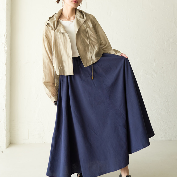 Morino Gakko 舒適可愛棉麻褶皺喇叭裙 (海軍藍) 第10張的照片