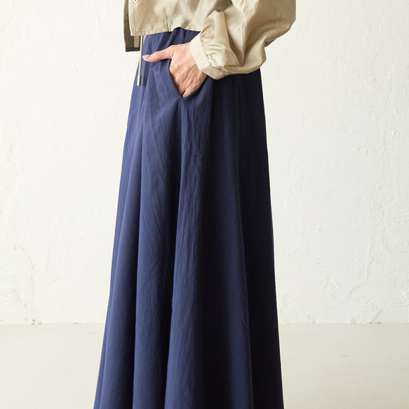 Morino Gakko 舒適可愛棉麻褶皺喇叭裙 (海軍藍) 第8張的照片