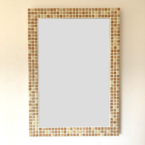 モザイクタイルの壁掛けミラー オレンジ　L 