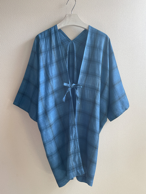 送料無料　藍染チェック柄の羽織りカーディガン サラッと羽織れる爽やかな "good simple" レーヨン 着物 5枚目の画像
