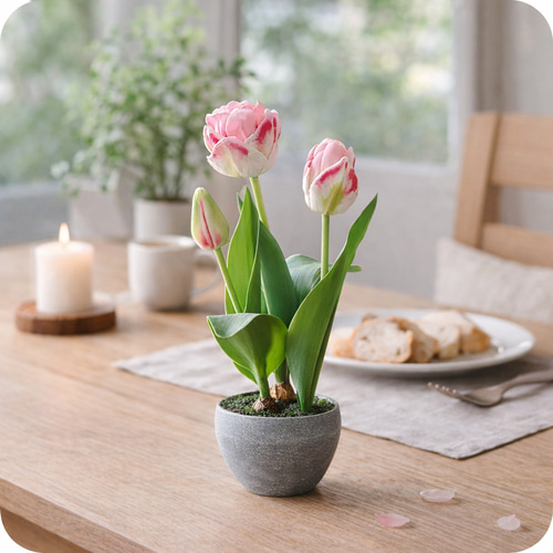 枯れないチューリップの鉢植えアレンジ｜リアルな球根付きチューリップ