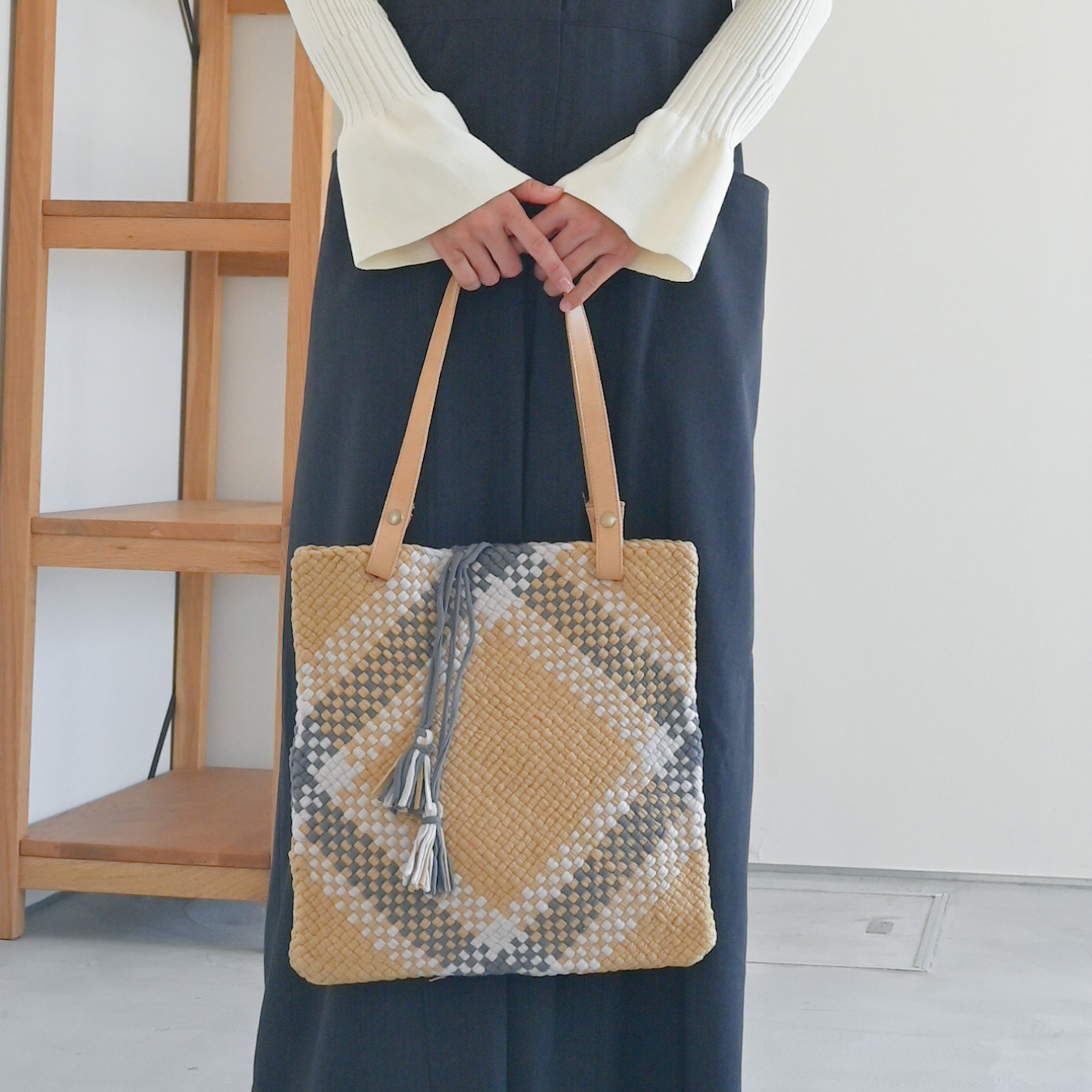 バスケット編みトートBAG「A4対応」「India＆tete」「beige」