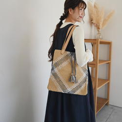 バスケット編みトートBAG「A4対応」「India＆tete」「beige」 2枚目の画像