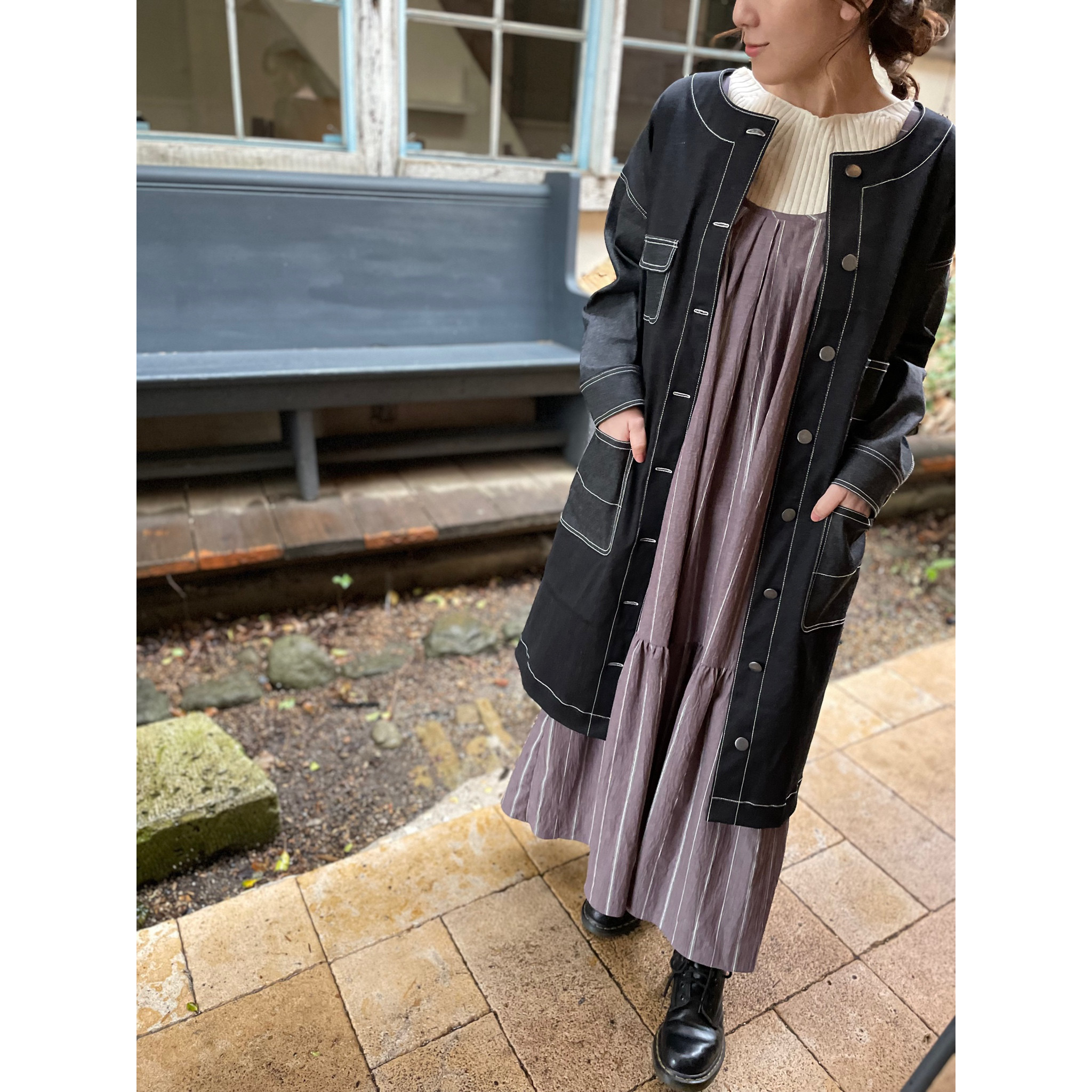 ストレッチデニム】ノーカラースプリングロングコート コート