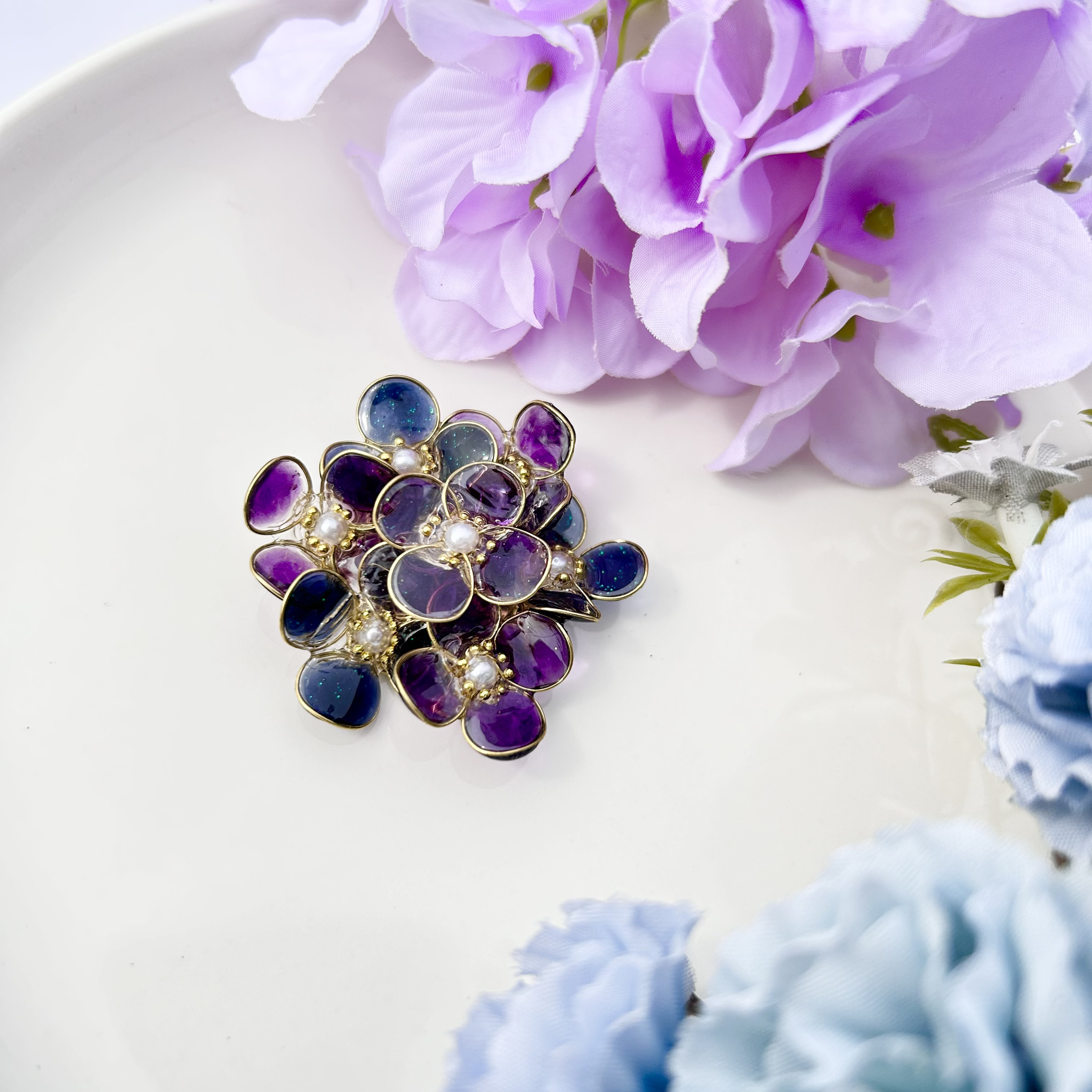 紫陽花 の ポニーフック　梅雨 6月 スピカ バイオレット あじさい アジサイ 帯留紫陽花ハンドメイド2024