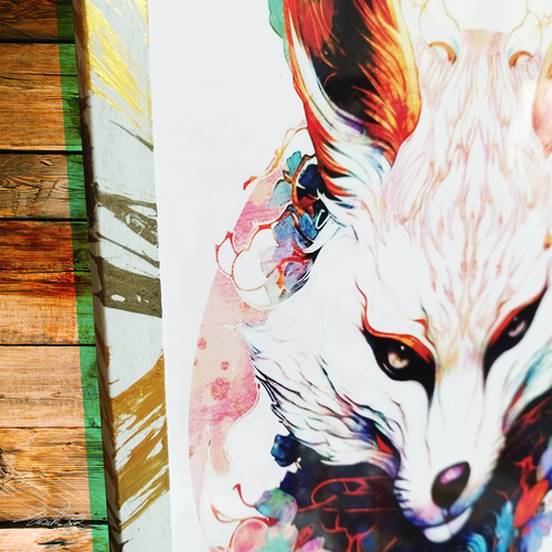 狐 - A3サイズオリジナルフレーム入りポスター お面 fox イラスト 絵