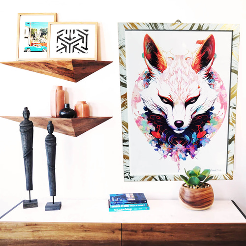 狐 - A3サイズオリジナルフレーム入りポスター お面 fox イラスト 絵