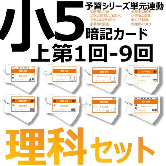 中学受験 暗記カード【5年上 理科 ハーフセット 1-9回】 組分けテスト対策 予習シリーズ 1枚目の画像