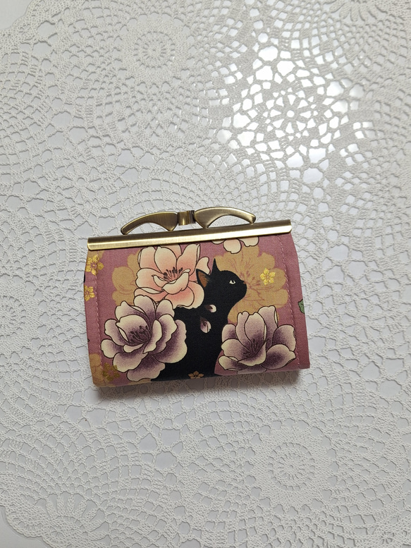 『ミニ財布』和モダン黒猫さん♡お花の小さい財布小物入れ　ピンク系 2枚目の画像