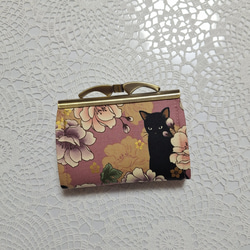 『ミニ財布』和モダン黒猫さん♡お花の小さい財布小物入れ　ピンク系 1枚目の画像