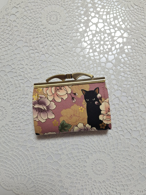 『ミニ財布』和モダン黒猫さん♡お花の小さい財布小物入れ　ピンク系 1枚目の画像