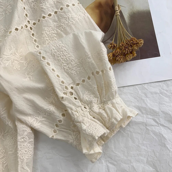 刺繍 綿 半袖 シャツ トップス 6枚目の画像