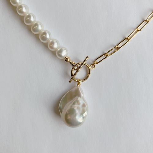 金具14K 本パールネックレス 約40cm 14kgf 上質なバロックパールとチェーンのコンビネックレス ネックレス