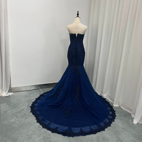 【激安アウトレット!】 送料無料！高品質！カラードレス 3D立体レース刺繍 ネイビー スーツ・フォーマル・ドレス