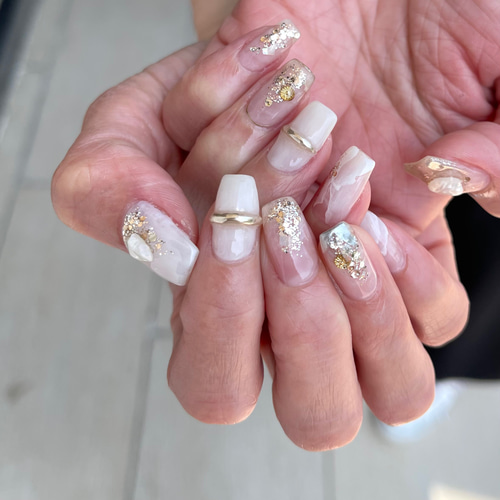 オーダーネイルチップNo.77 大人キレイ シェル ラメ グレージュパール