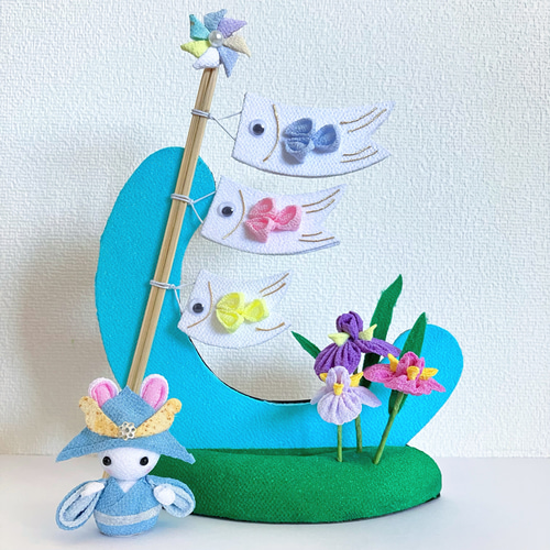 七夕を運ぶうさぎ・押し絵・古布・縮緬細工・ハンドメイド・額