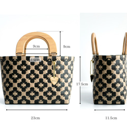 2024年1番人気！天然木ハンドルの手提げ2WAYプラカゴバッグ　S＋サイズ花柄ブラック×ミルクティベージュ 15枚目の画像