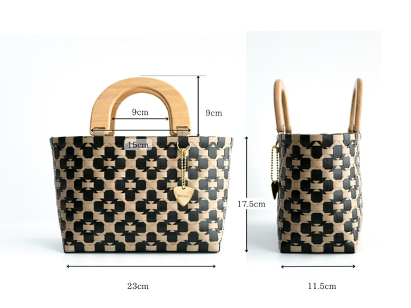 2024年1番人気！天然木ハンドルの手提げ2WAYプラカゴバッグ　S＋サイズ花柄ブラック×ミルクティベージュ 15枚目の画像