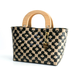 2024年1番人気！天然木ハンドルの手提げ2WAYプラカゴバッグ　S＋サイズ花柄ブラック×ミルクティベージュ 10枚目の画像