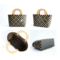 2024年1番人気！天然木ハンドルの手提げ2WAYプラカゴバッグ　S＋サイズ花柄ブラック×ミルクティベージュ 14枚目の画像