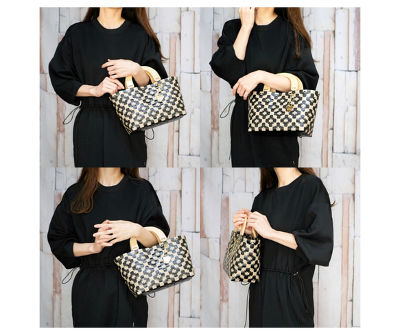 2024年1番人気！天然木ハンドルの手提げ2WAYプラカゴバッグ　S＋サイズ花柄ブラック×ミルクティベージュ 13枚目の画像