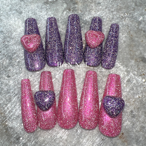 フラッシュネイル》パープル×ピンクぷっくりハートネイルチップ ネイル