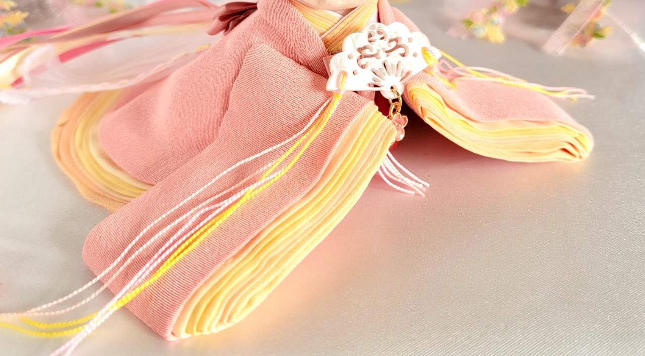 735  小さな着せ替えお着物〈お姫様〉十二単 正絹無地薄桃色に淡黄かさね【新襟仕様】