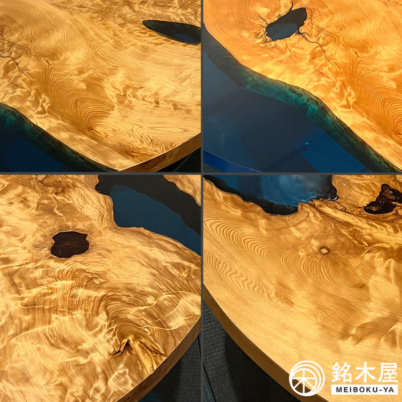 ローテーブル ヒノキ 一枚板 レジンテーブル 座卓 丸テーブル 銘木屋 幅88.5×奥行88.5×高さ37.6 7枚目の画像