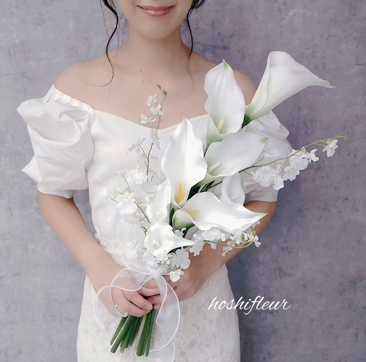 カラーブーケ&ブートニア縦抱きブーケ♡白ウエディングブーケ白ウェディングブーケ白造花ブーケ結婚式白ブーケ造花ブーケ白