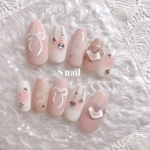 ネイルチップ ピンクベージュ リボン ハート マグネットネイル 韓国  