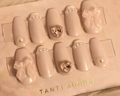 103))付け爪 フレンチガーリー リボン ネイルチップ ミラー ウィッシュコア