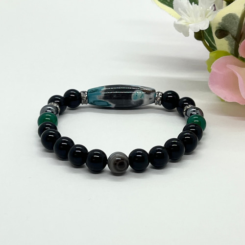 希少】珍カラー天珠（天然めのう）、オニキス、ブレスレット B068 