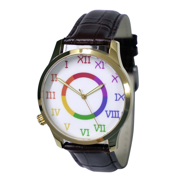 反時計回りの時計レインボーローマ数字ゴールドケースメンズ腕時計全世界送料無料 1枚目の画像