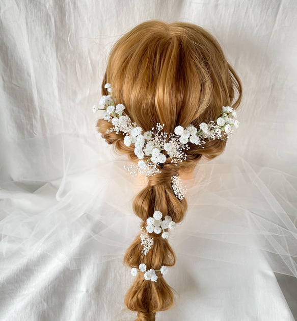 かすみ草　ヘッドドレス　ホワイト　ブライダル　ウエディング　ヘアアクセサリー　造花　前撮り　フォトウエディング　結婚式 3枚目の画像