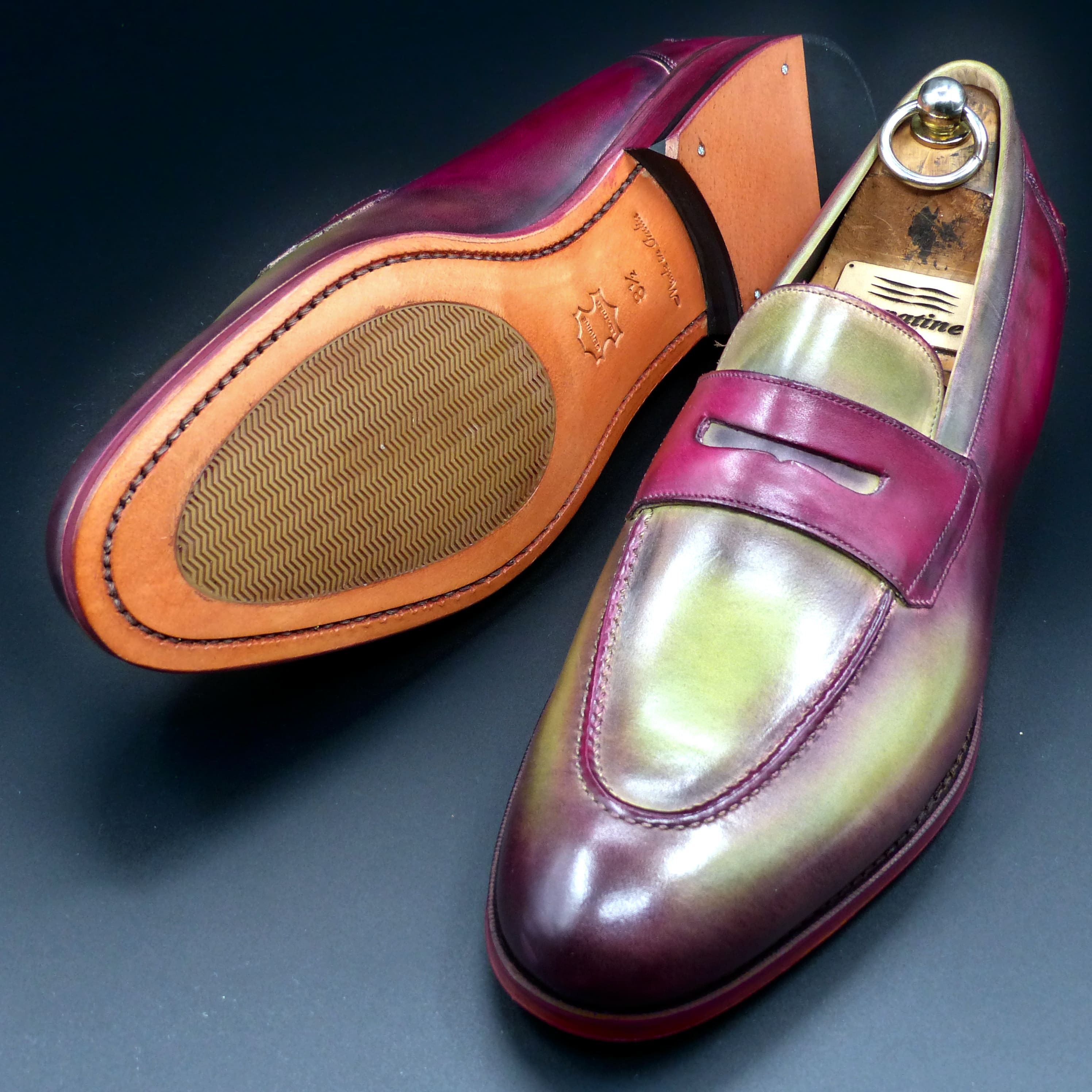 世界で1足♪ 重ね染めハイシャイン・パティーヌ仕上げ コインローファー 26.5cm フルマッケイ製法 18,469円