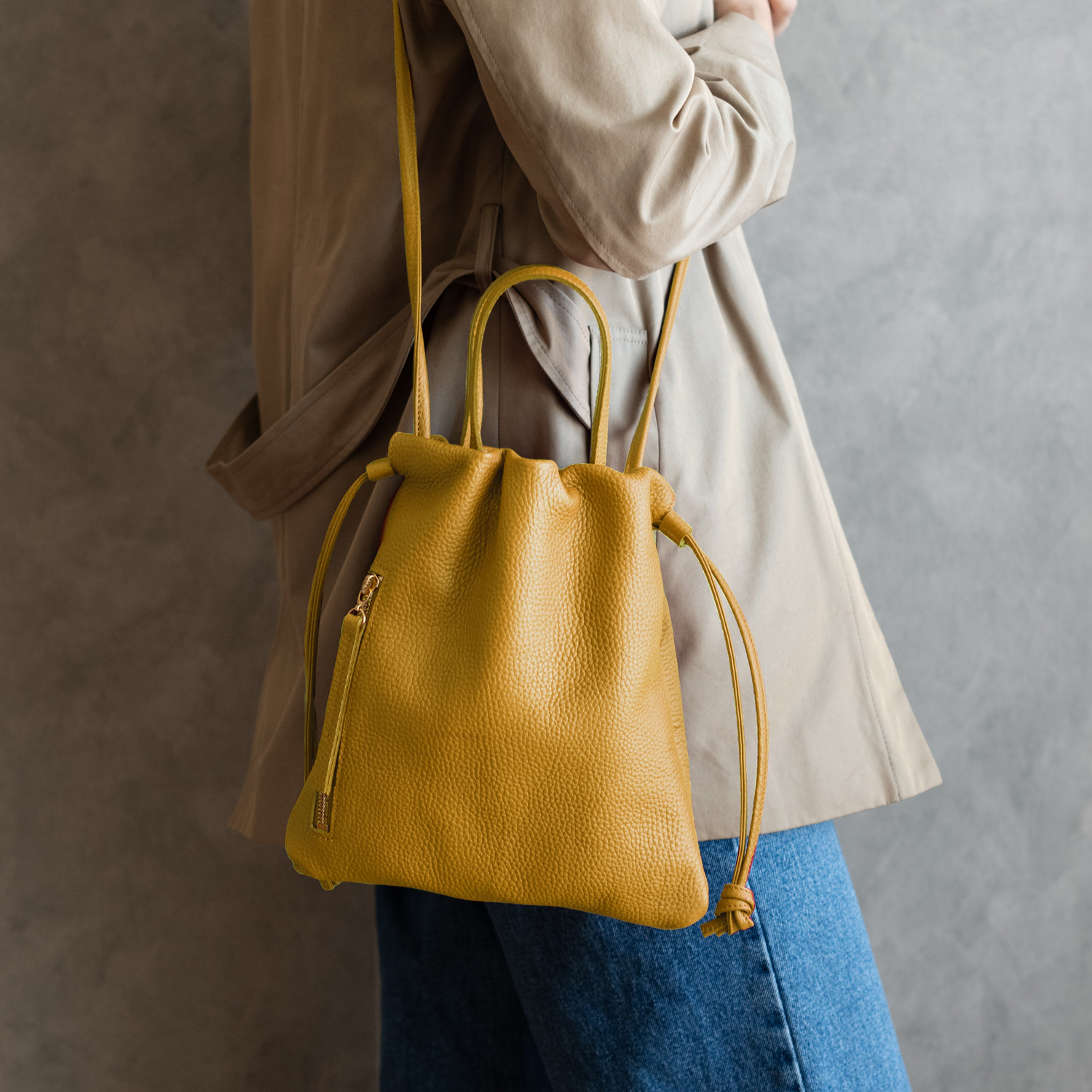 縦長巾着 2WAY ポシェット本革シンプル ショルダーバッグ 【マスタードイエロー】