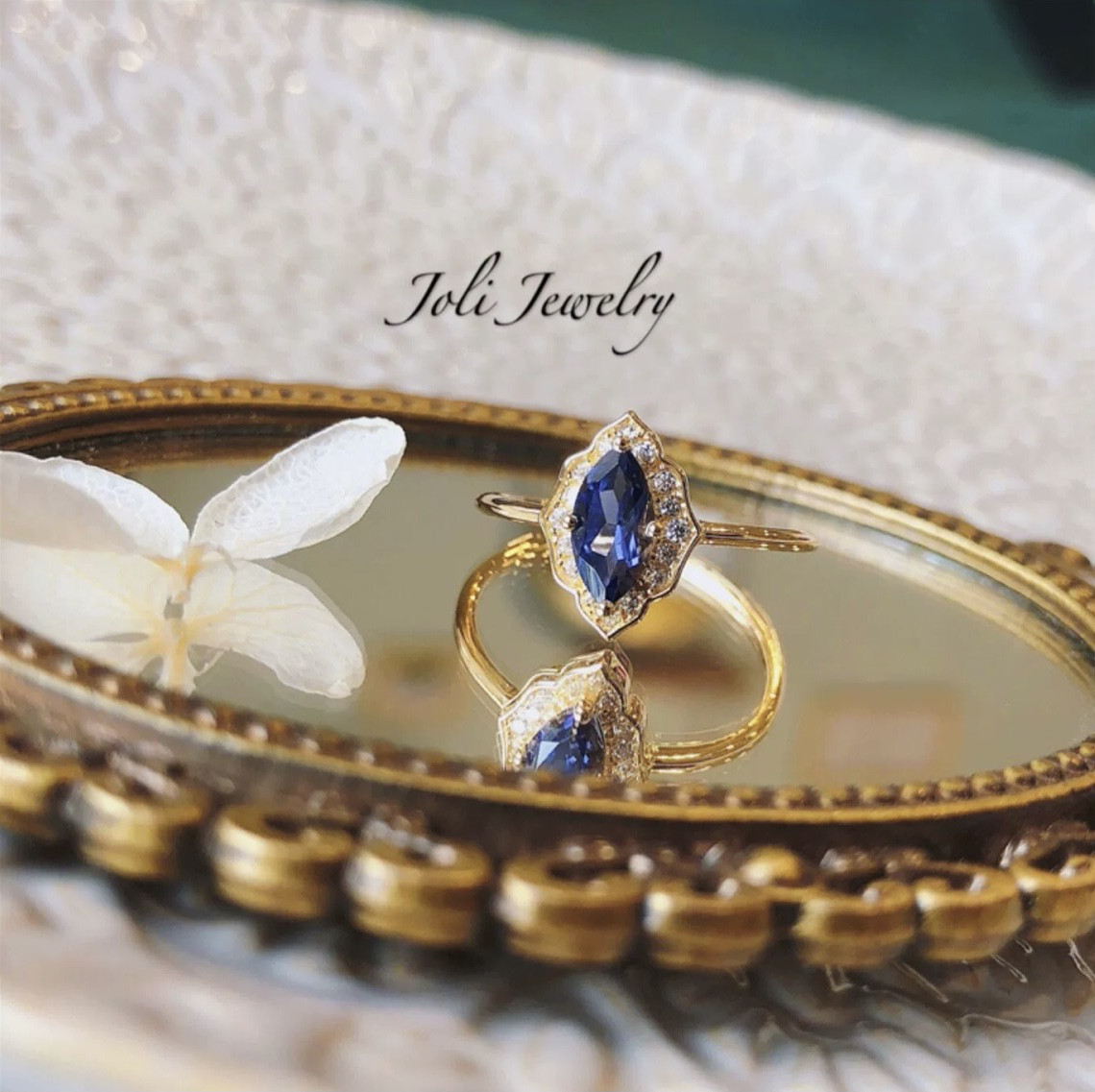 【夕霧の庭】天然アイオライト マーキス キラキラ ヘイローリング レトロ ゴージャス ブルー シンプル 指輪