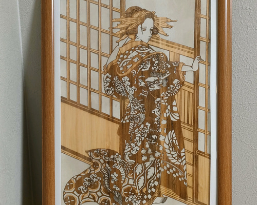 試作品 薄い竹の切り絵 浮世絵アレンジ 菊川英山 Lamp japanese bamboo