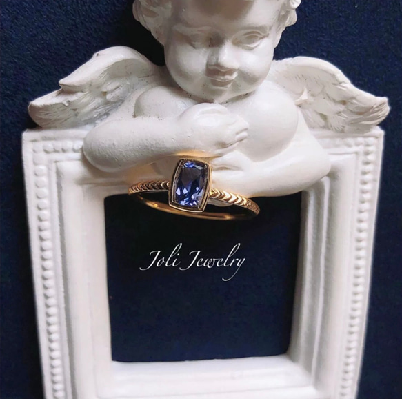 【イェム】天然アイオライト キラキラ ベゼルリング レトロ ゴージャス 青紫 ブルー パープル シンプル 指輪 4枚目の画像