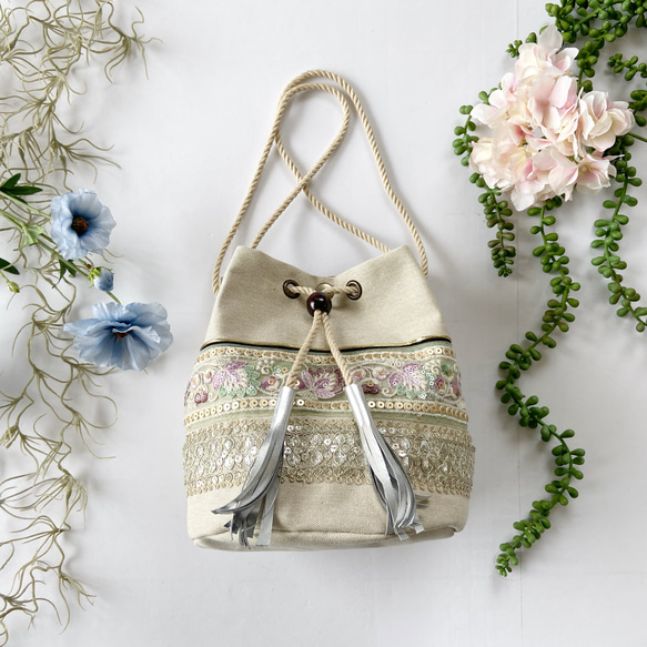 数量限定】インド刺繍リボン巾着＊てさげ＊斜めがけ＊2WAY斜