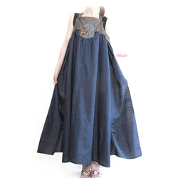 【大島紬4種】サロペットスカート／ロング丈(紺色&グレー) ジャンパースカート  着物リメイク･シルク絹 tsu750 10枚目の画像
